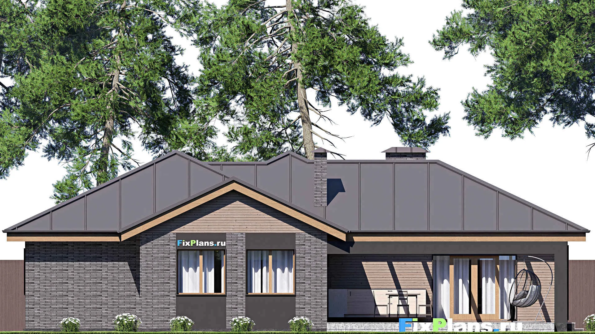 F-19403 - План одноэтажного дома 18 на 19, площадью 230 м² с террасой, гаражом на 1 машину и 4 спальнями