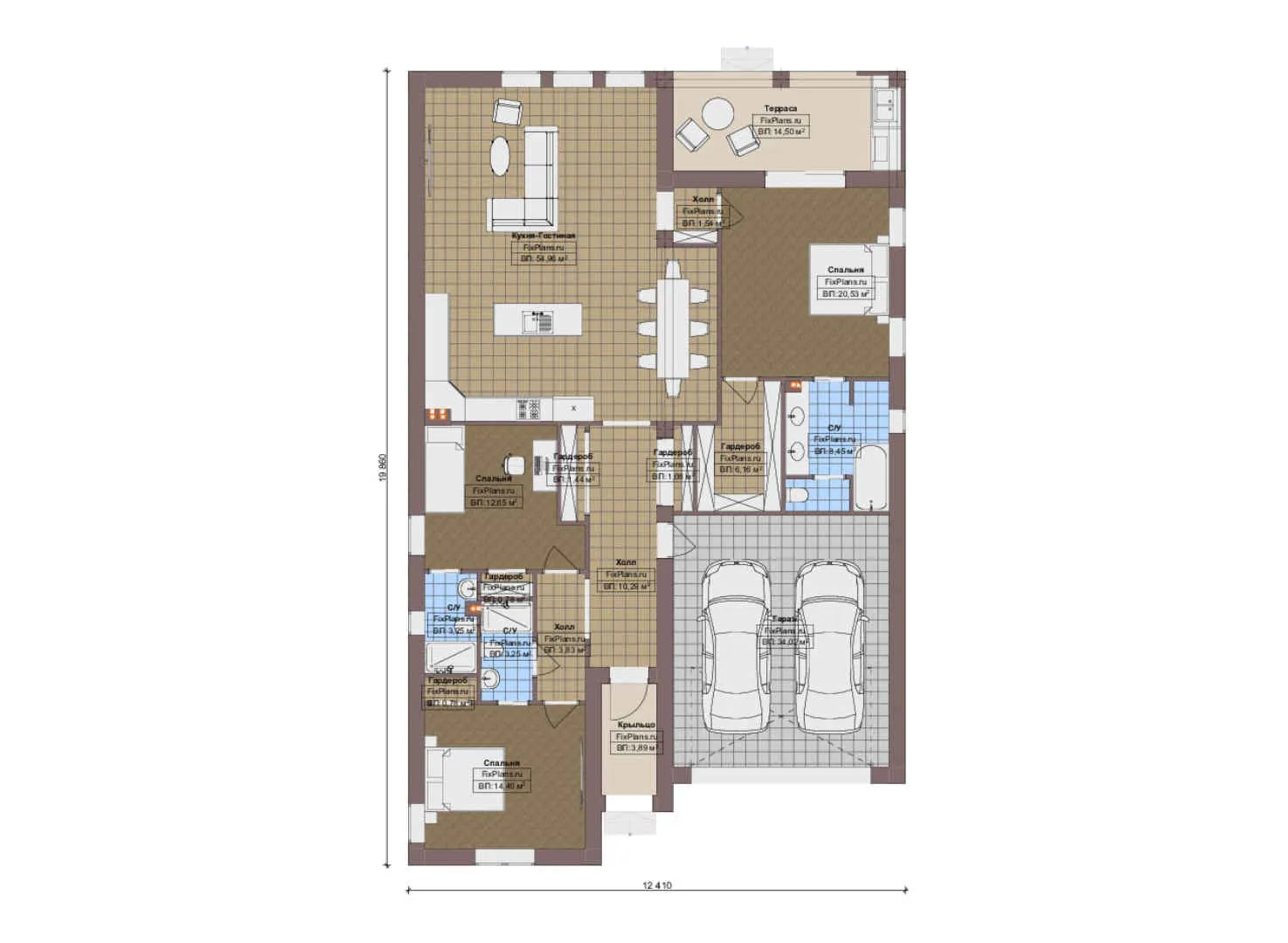 F-20438 - План одноэтажного дома 13 на 20, площадью 200 м² с террасой, гаражом на 1 машину и 3 спальнями