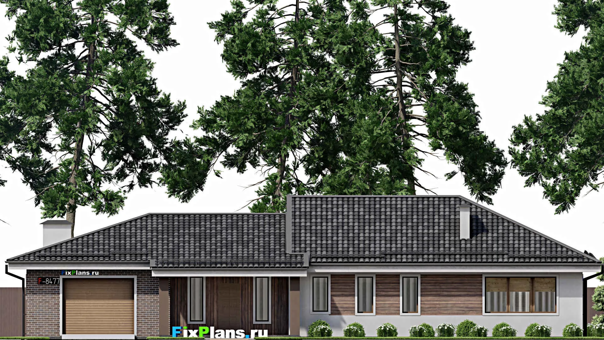 F-8477 - Проект одноэтажного дома 15 на 23, площадью 230 м² с террасой, гаражом на 2 машины и 3 спальнями