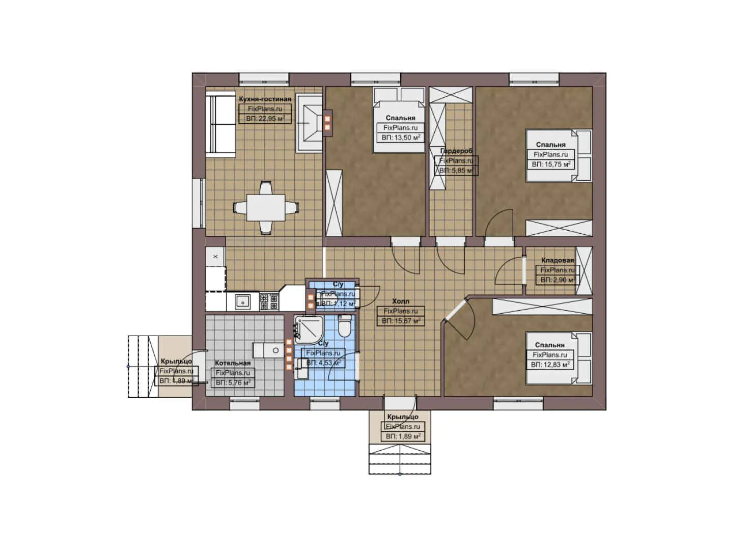 F-5057 - План одноэтажного дома 10 на 11, площадью 110 м² с 3 спальнями