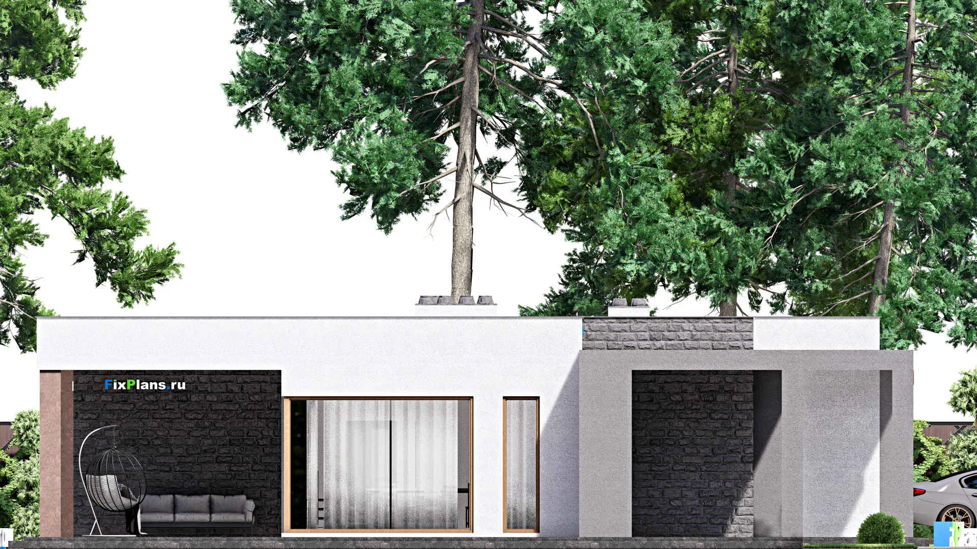 F-16361 - Проект одноэтажного дома 18 на 18, площадью 470 м² с террасой, гаражом на 1 машину и 3 спальнями