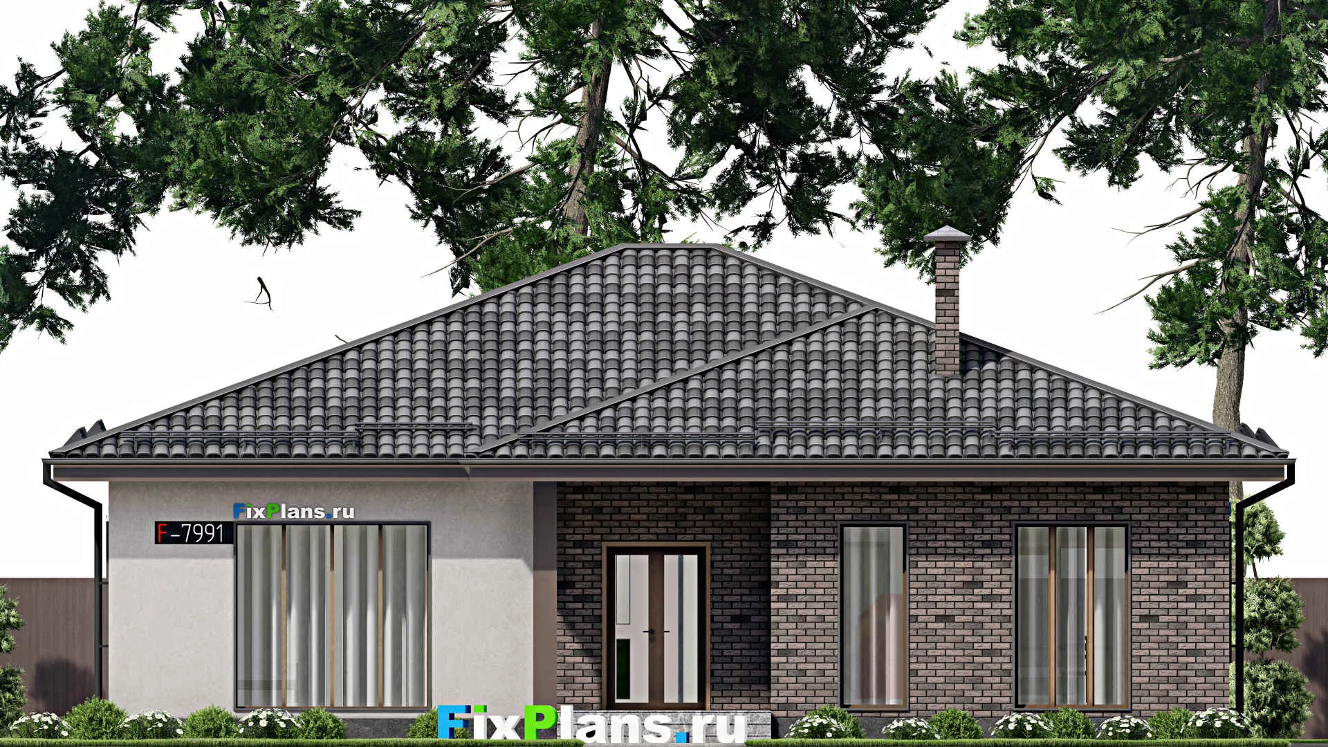 F-7991 - Проект одноэтажного дома 15 на 15, площадью 170 м² с террасой и 3 спальнями