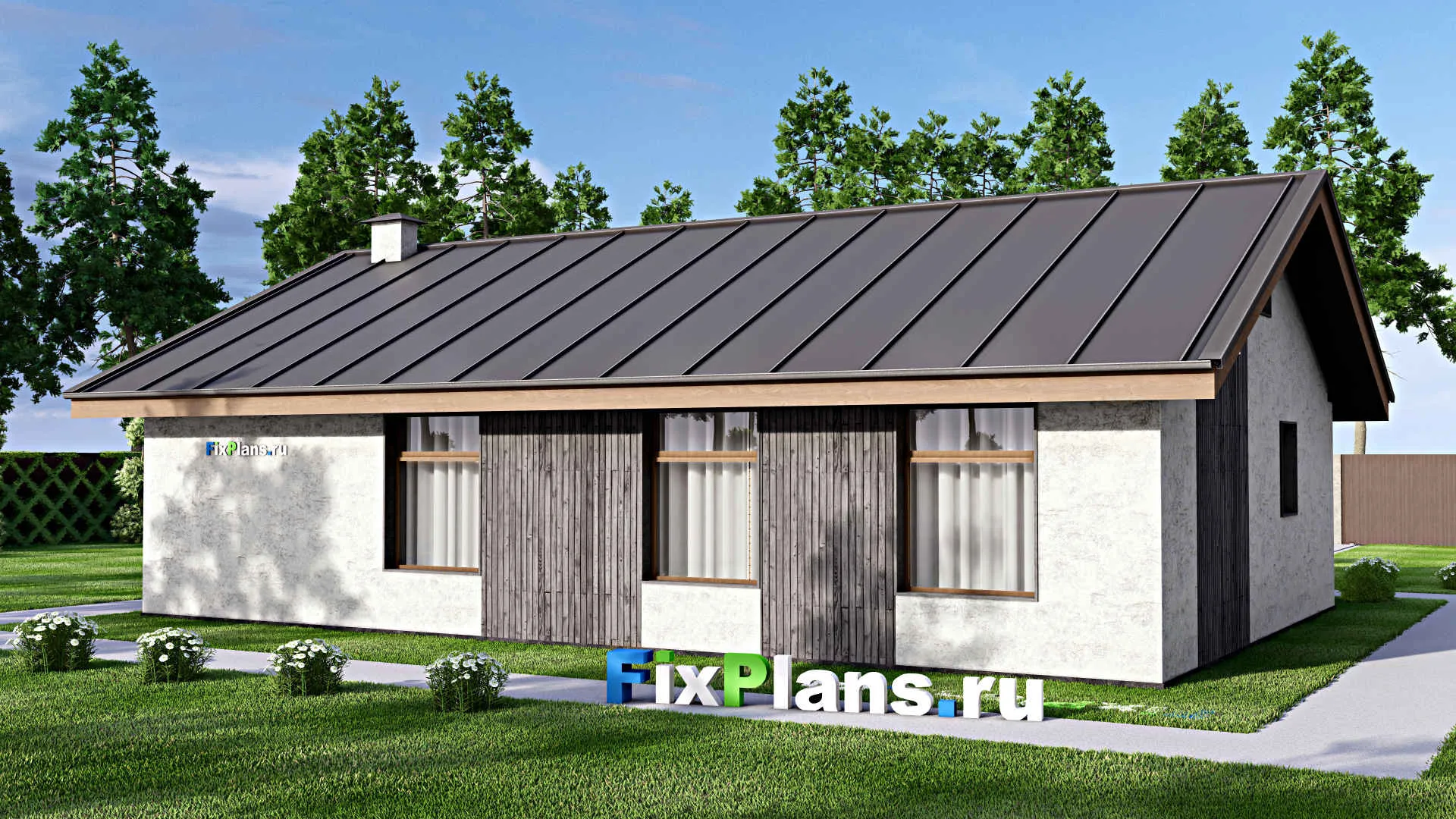 F-14561 - Проект одноэтажного дома 13 на 15, площадью 140 м² с террасой и 3 спальнями