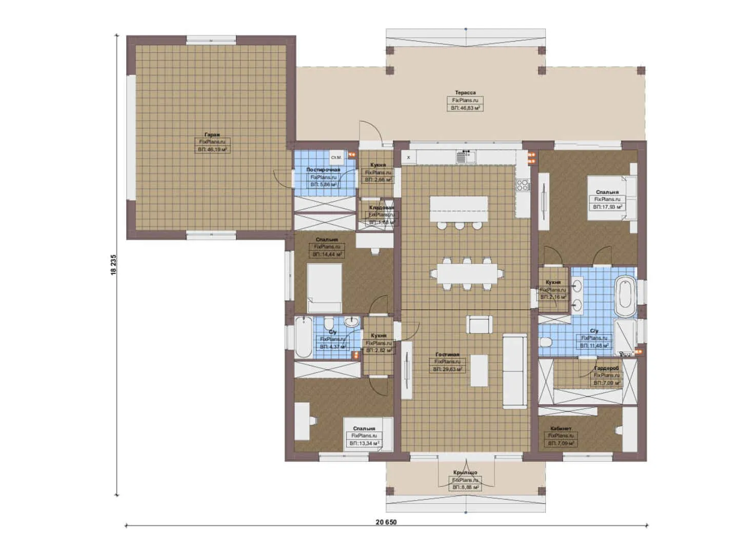 F-16685 - План одноэтажного дома 19 на 21, площадью 260 м² с террасой, гаражом на 2 машины и 3 спальнями
