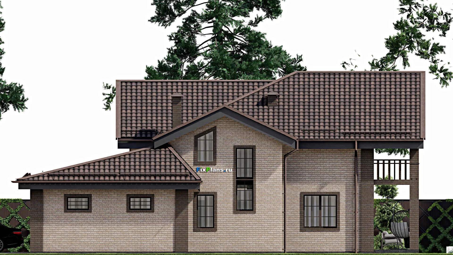 F-6407 - Проект дома с мансардой 15 на 16, площадью 260 м² с террасой, балконом, гаражом на 2 машины и 5 спальнями