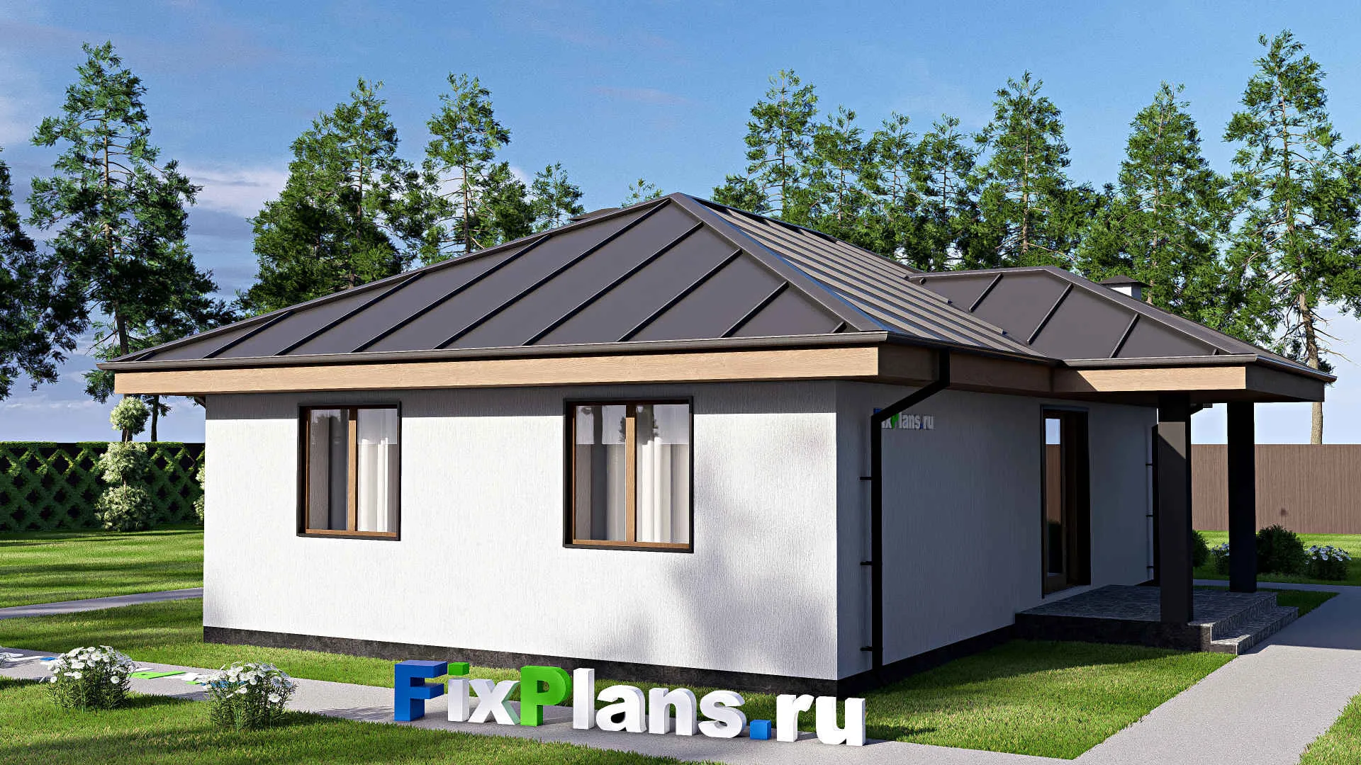 F-17873 - Проект одноэтажного дома 14 на 15, площадью 120 м² с террасой, гаражом на 1 машину и 2 спальнями