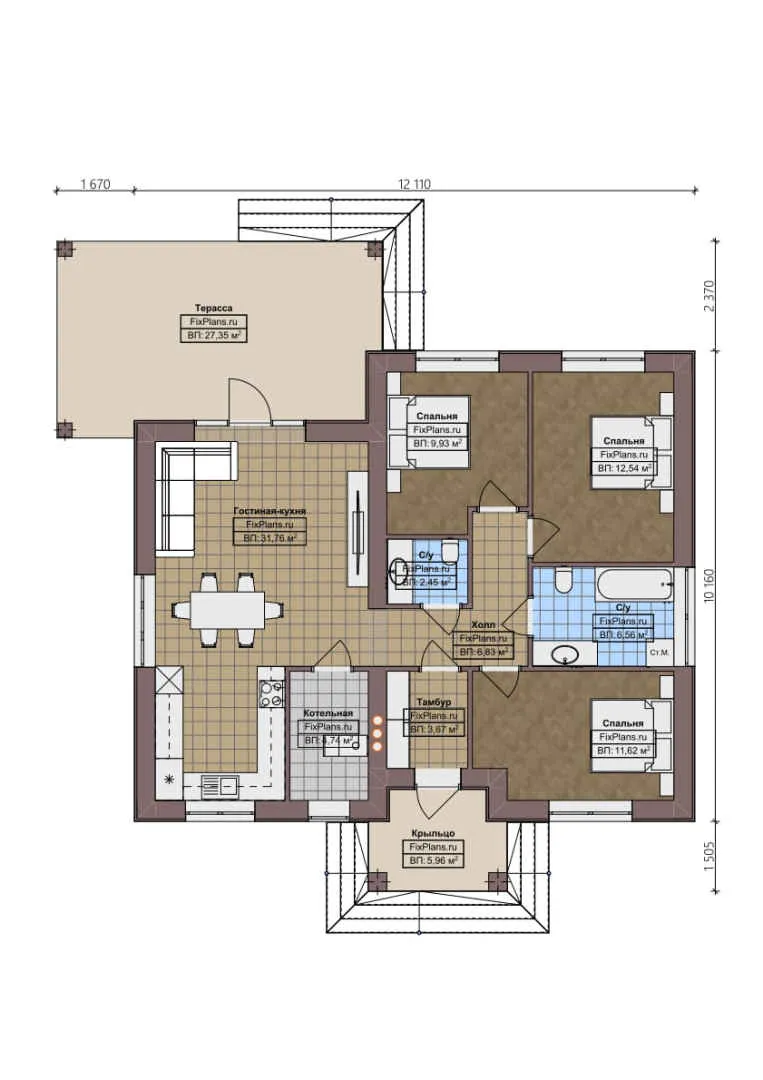 F-1799 - План одноэтажного дома 11 на 13, площадью 130 м² с террасой и 3 спальнями