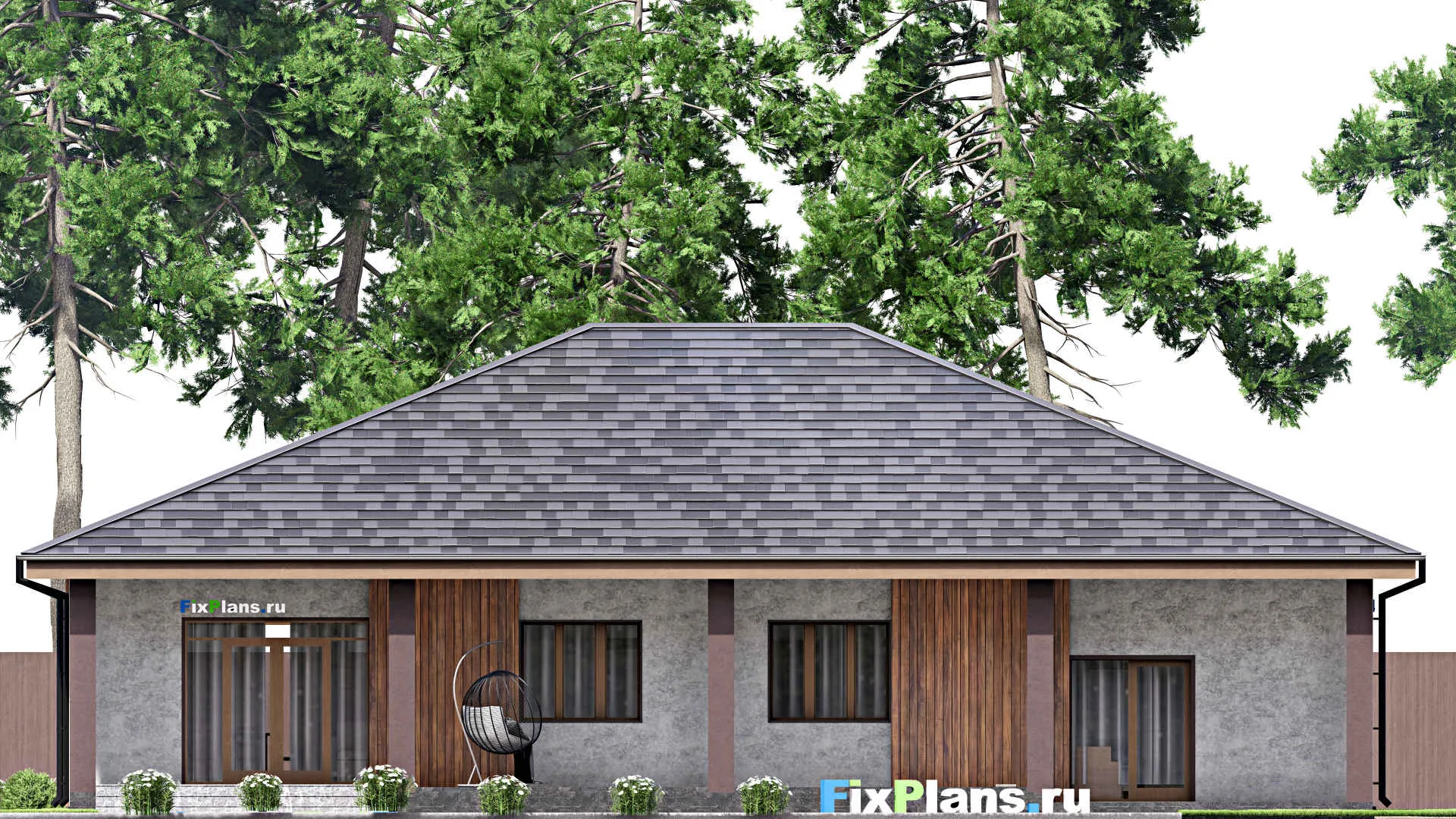 F-12914 - План одноэтажного дома 17 на 20, площадью 360 м² с террасой, цокольным этажом, баней, гаражом на 1 машину и 2 спальнями