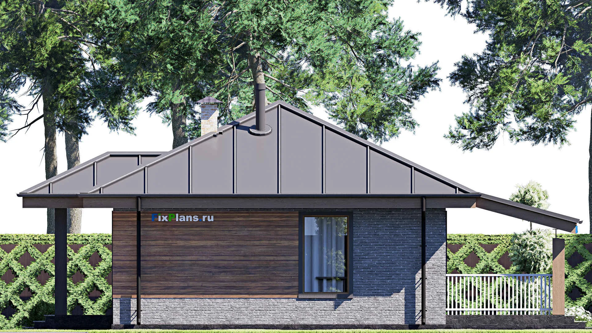 F-18566 - Проект одноэтажного дома 13 на 13, площадью 100 м² с террасой и 3 спальнями