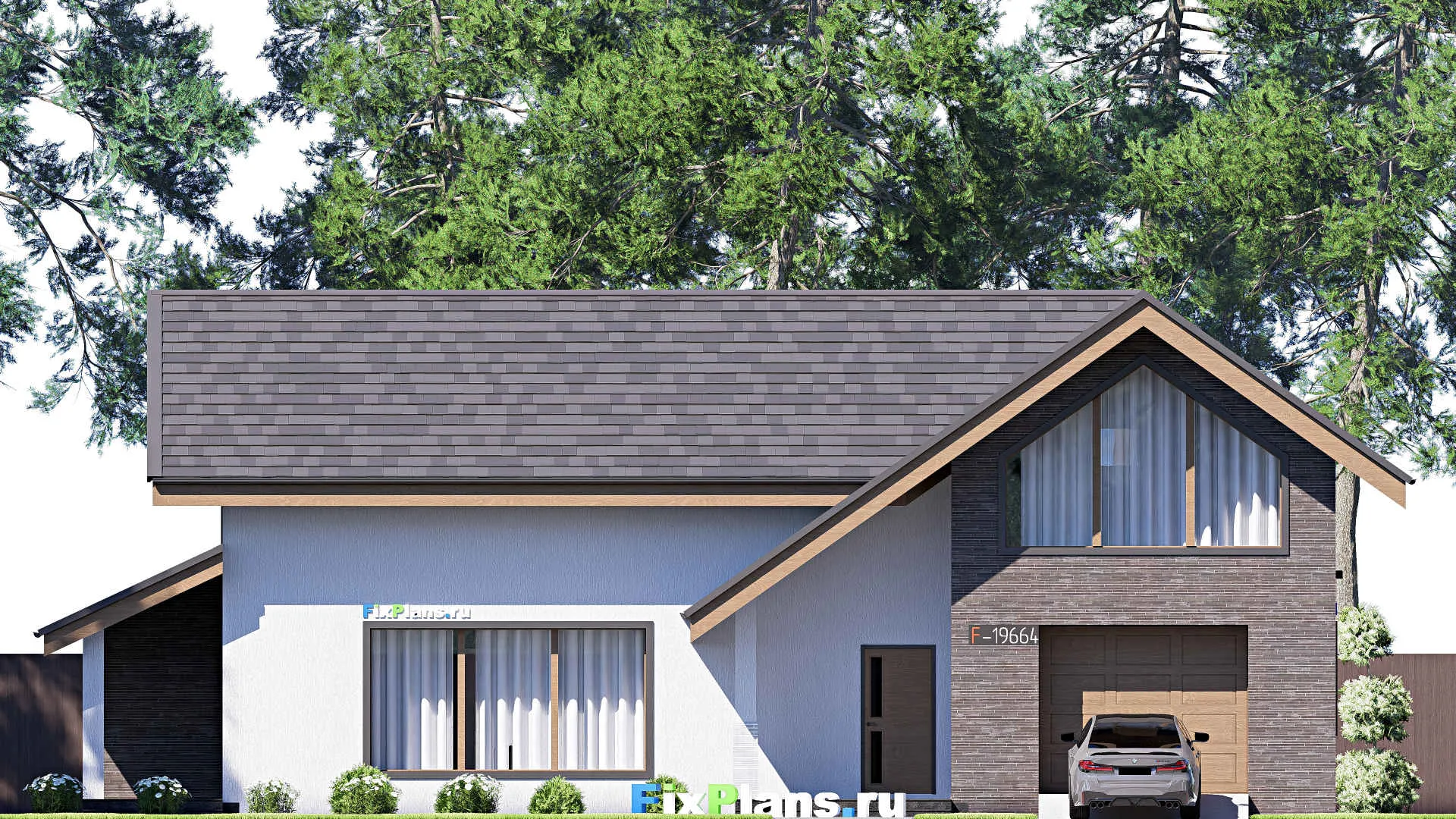 F-19664 - Проект дома с мансардой 11 на 18, площадью 250 м² с террасой, гаражом на 1 машину и 5 спальнями