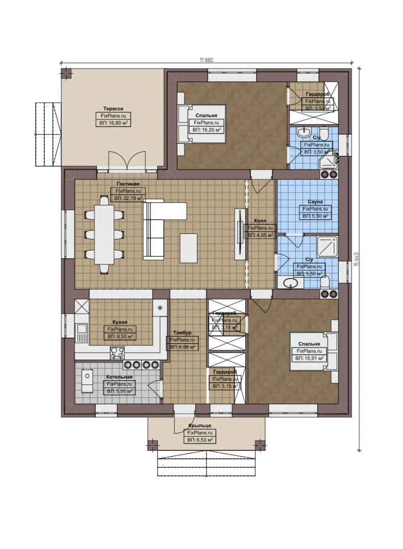 F-8468 - План одноэтажного дома 12 на 16, площадью 140 м² с террасой, баней и 2 спальнями