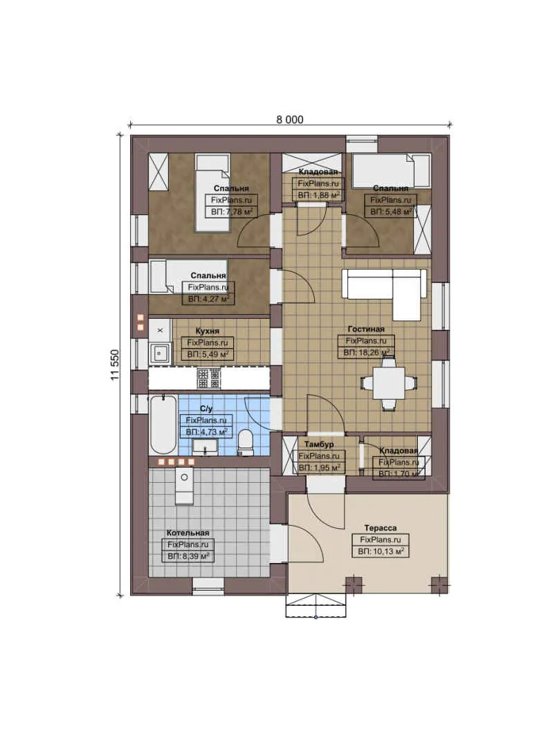 F-5570 - План одноэтажного дома 8 на 12, площадью 70 м² с террасой и 3 спальнями