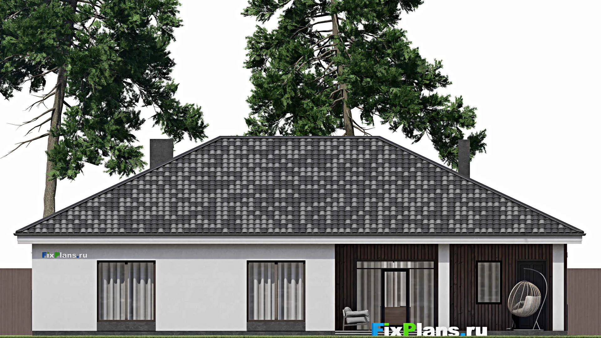 F-1178 - Проект одноэтажного дома 16 на 19, площадью 220 м² с террасой, гаражом на 2 машины и 2 спальнями