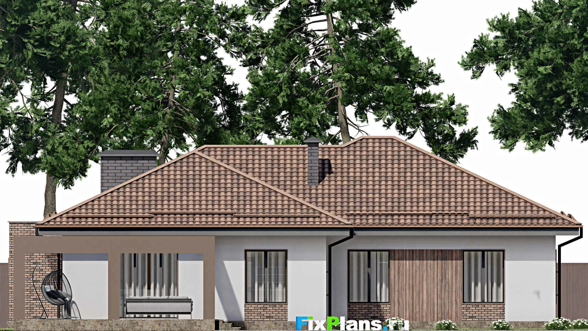 F-9026 - Проект одноэтажного дома 19 на 24, площадью 240 м² с террасой, гаражом на 2 машины и 3 спальнями