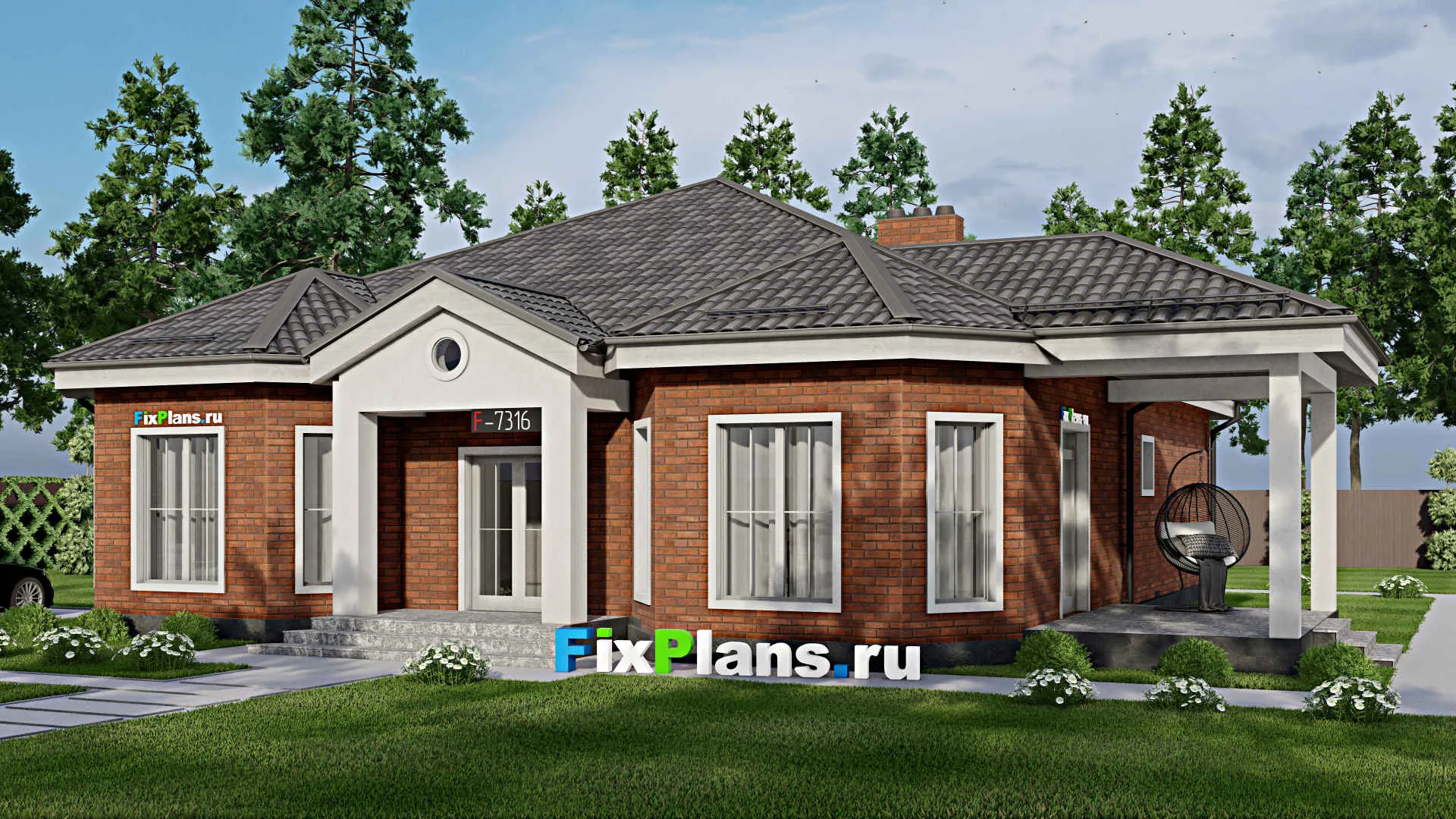 F-7316 - Проект одноэтажного дома 15 на 16, площадью 190 м² с террасой и 4 спальнями