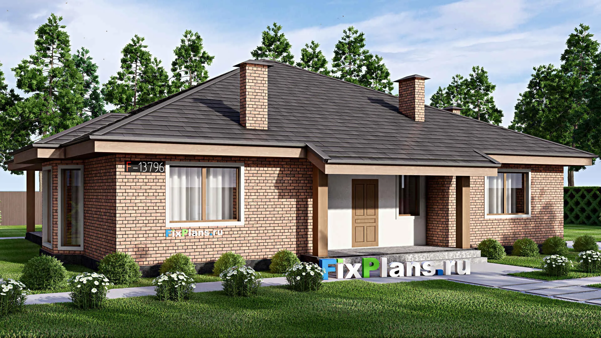 F-13796 - Проект одноэтажного дома 16 на 17, площадью 200 м² с террасой и 3 спальнями