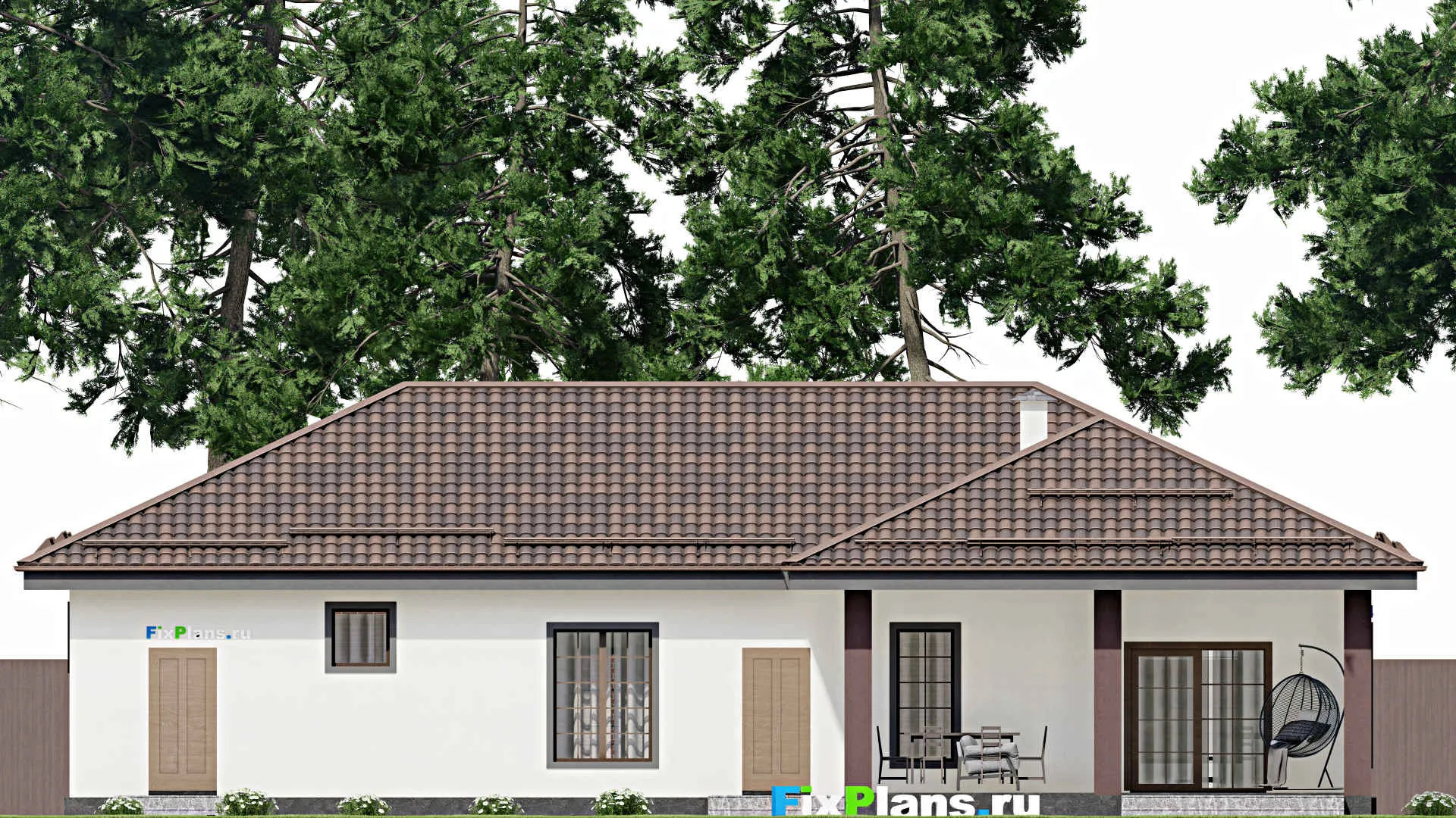 F-12077 - Проект одноэтажного дома 20 на 20, площадью 220 м² с террасой, гаражом на 2 машины и 2 спальнями