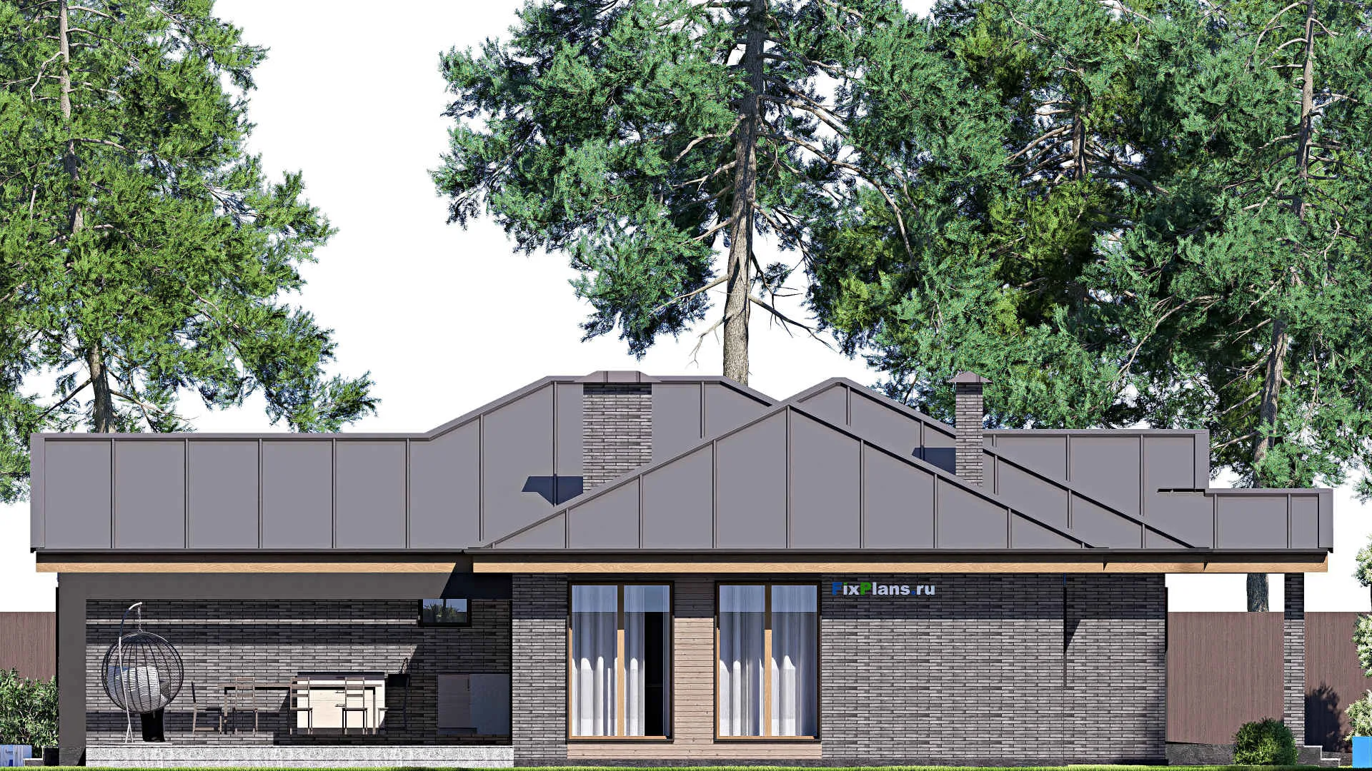 F-19403 - План одноэтажного дома 18 на 19, площадью 230 м² с террасой, гаражом на 1 машину и 4 спальнями