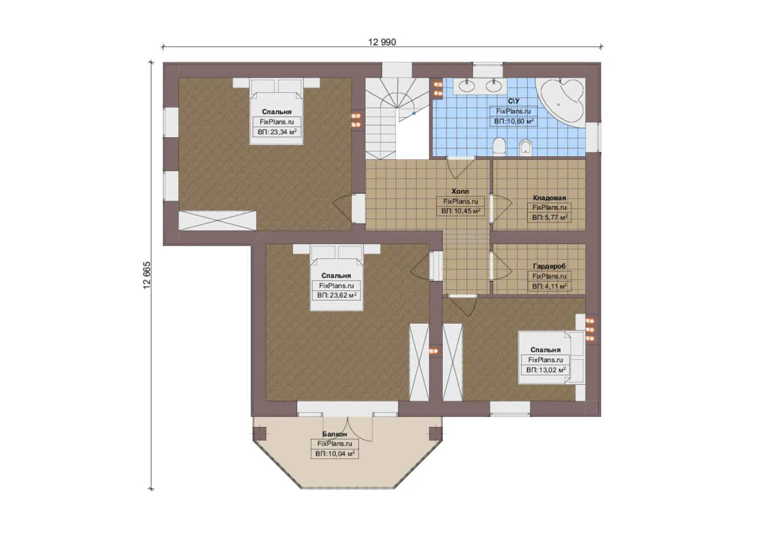 F-19268 - Планы дома с мансардой 13 на 14, площадью 230 м² с террасой, балконом и 3 спальнями