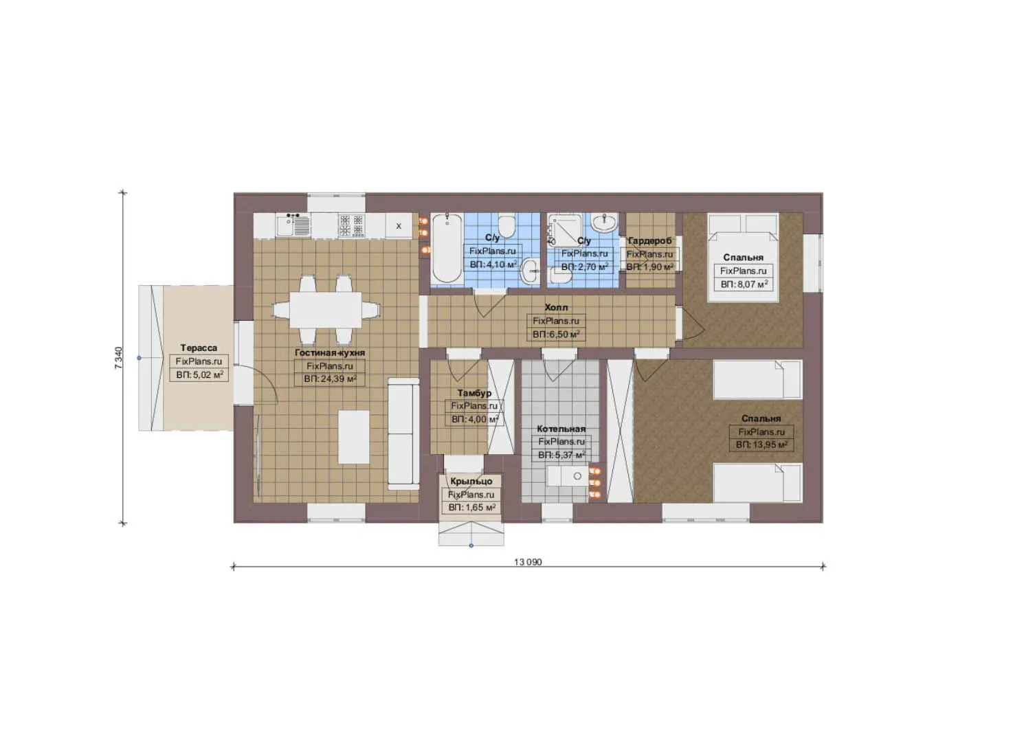 F-17936 - План одноэтажного дома 8 на 14, площадью 80 м² с террасой и 2 спальнями