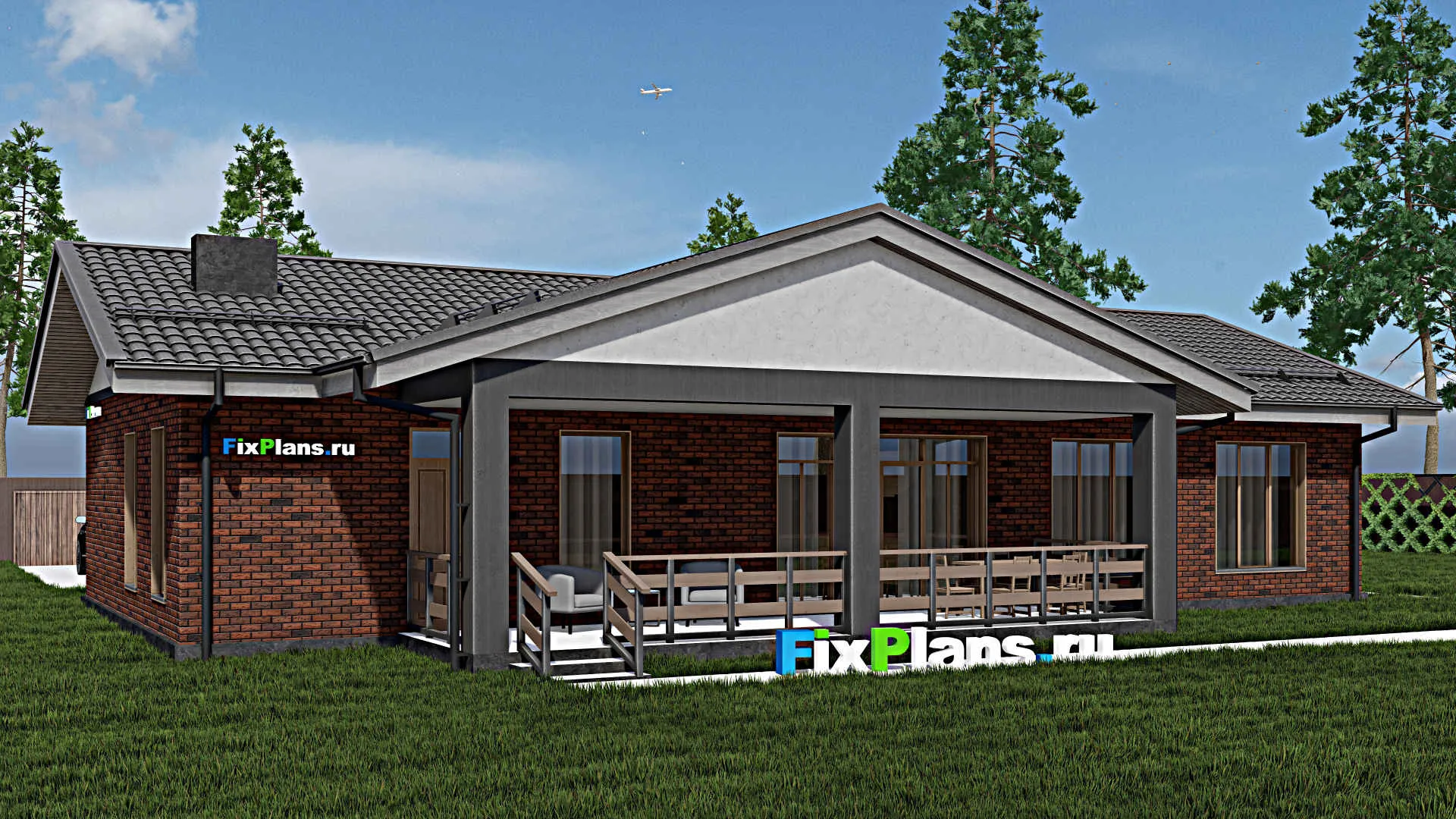 F-0512 - План одноэтажного дома 13 на 20, площадью 200 м² с террасой и 1 спальнями