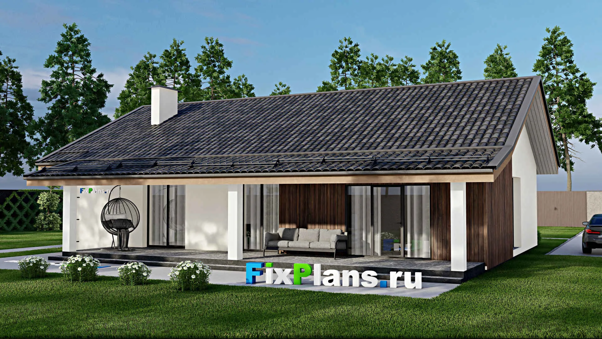 F-5957 - Проект одноэтажного дома 11 на 16, площадью 160 м² с террасой и 3 спальнями