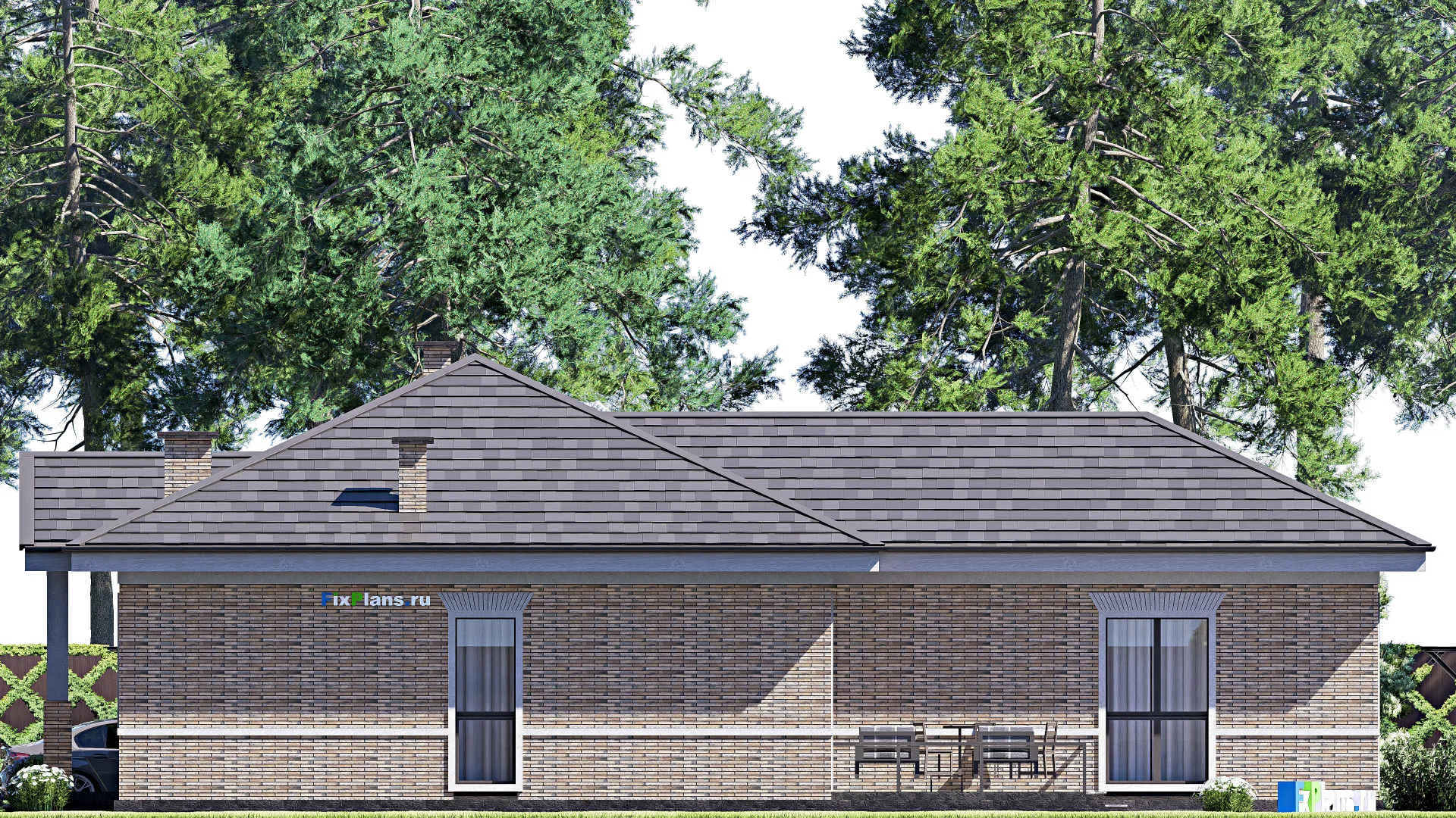 F-19619 - Проект одноэтажного дома 17 на 19, площадью 200 м² с террасой и 3 спальнями