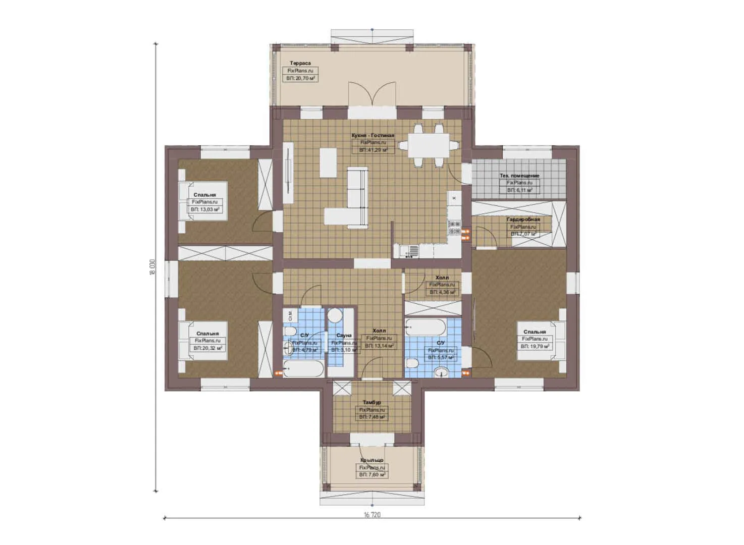 F-20888 - План одноэтажного дома 17 на 19, площадью 180 м² с террасой, баней и 3 спальнями