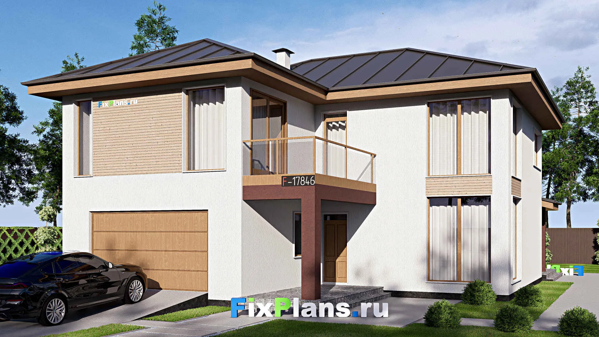 F-17846 - Проект двухэтажного дома 14 на 19, площадью 310 м² с террасой, балконом, гаражом на 2 машины и 4 спальнями