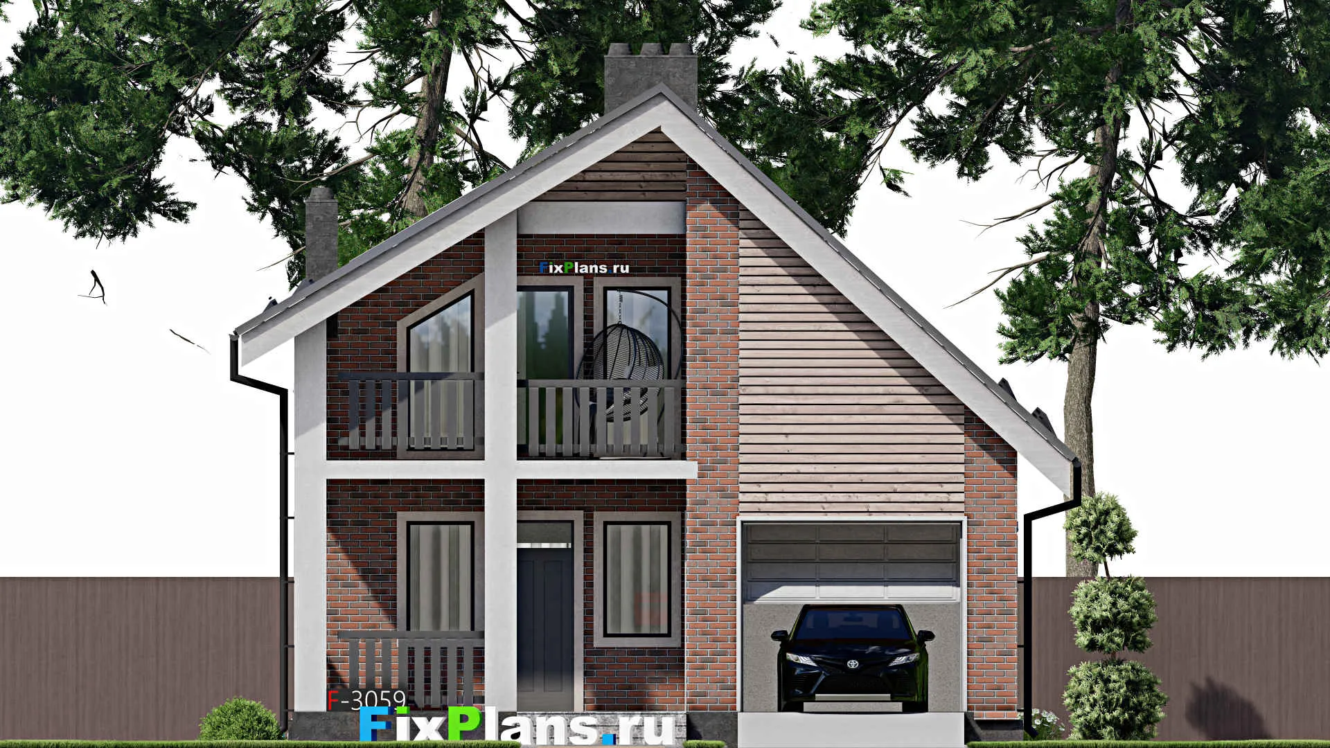 F-3059 - Планы дома с мансардой 9 на 14, площадью 150 м² с балконом, гаражом на 1 машину и 3 спальнями