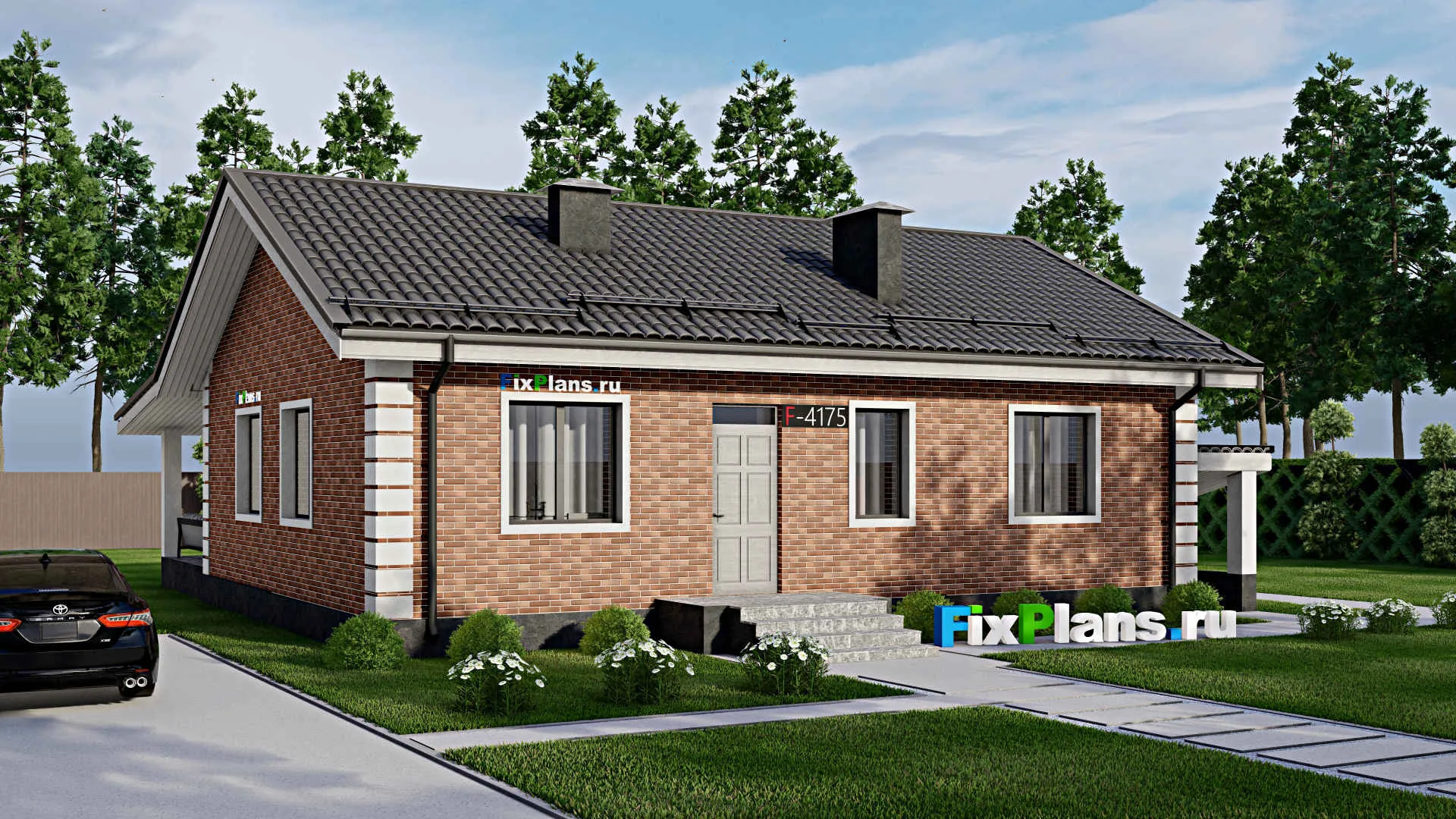 F-4175 - Проект одноэтажного дома 10 на 13, площадью 120 м² с террасой и 3 спальнями